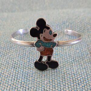 Vtg Zuni toon Native American Mickey Mouse Inlay Sterling Silver Bracelet